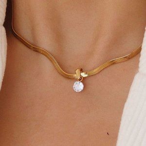 #NEW 18K Gold Plated 2CT Solitaire Diamond Flat Herringbone Necklace